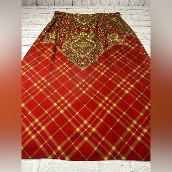 Vintage Jones New York Country Red and Gold Patterned Midi Skirt. 100% Silk! - Picture 5 of 9
